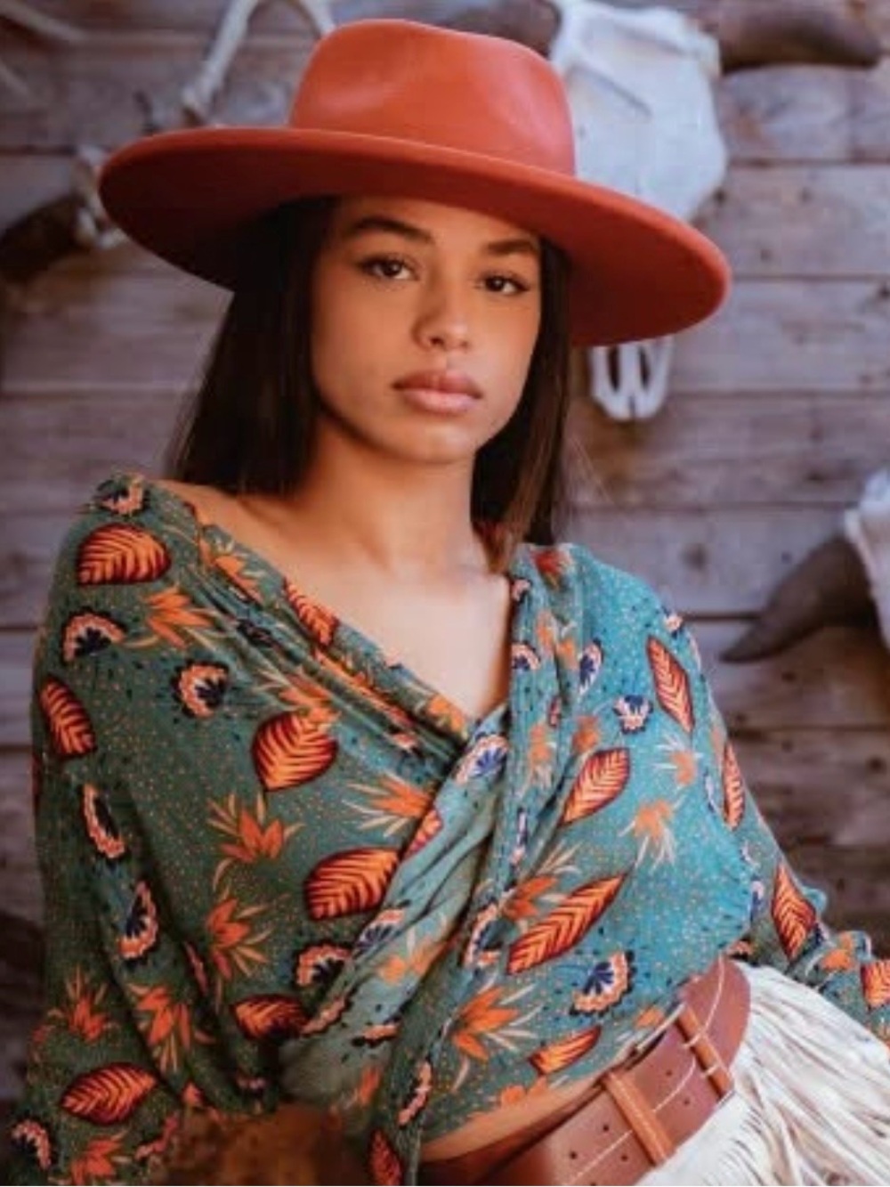 Patrons of Peace Teal Floral Print Top with Orange Accents